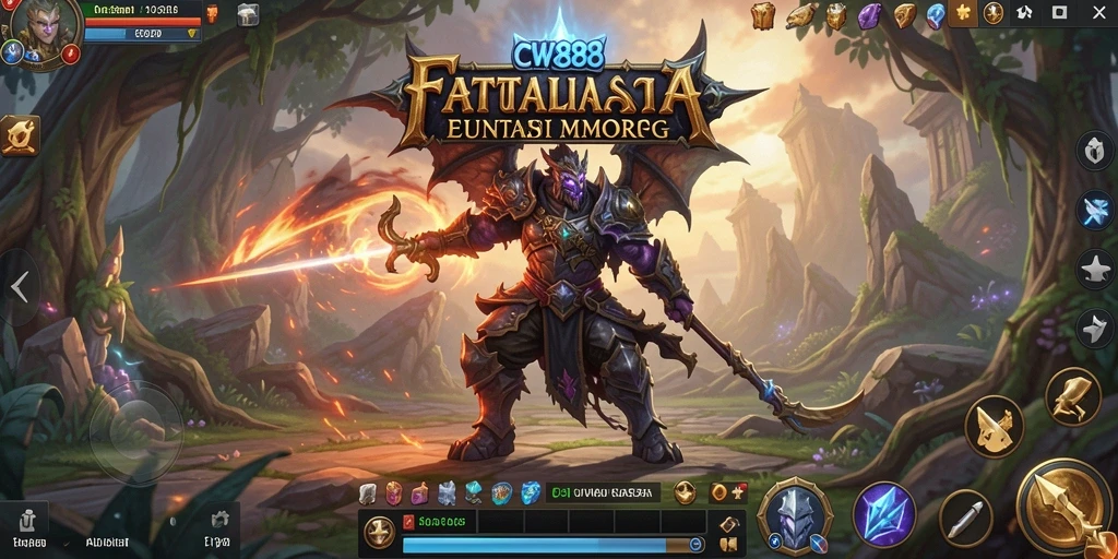 Screenshot gameplay CW8888 menampilkan pertempuran epik dalam mode MMORPG.