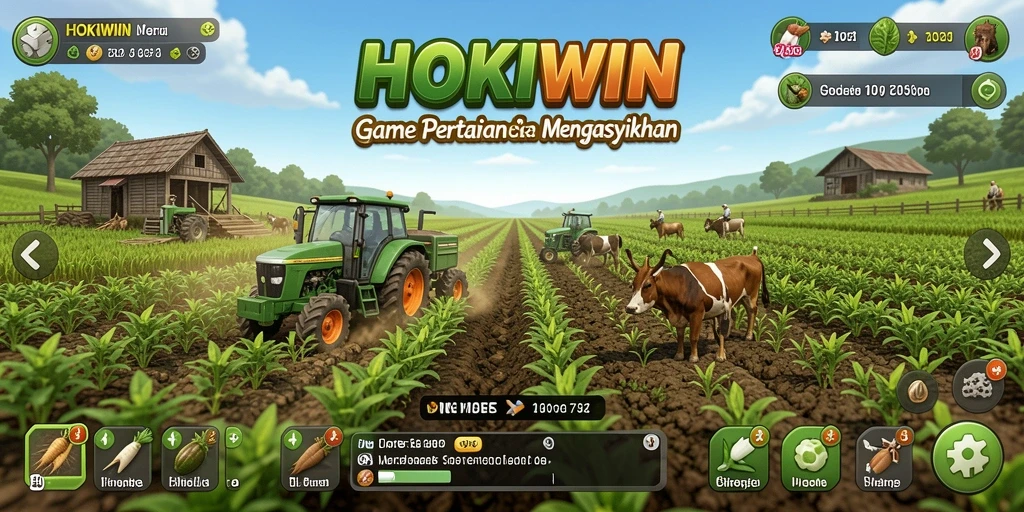 Tampilan gamplay HOKIWIN dengan lahan pertanian yang hijau dan subur.