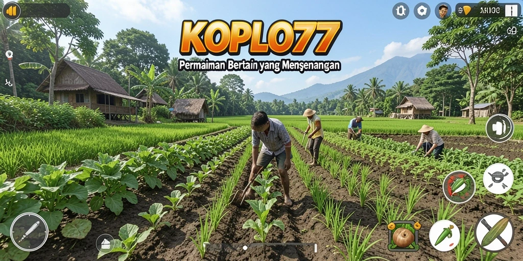 Tangkapan layar gameplay KOPLO77 menampilkan ladang yang subur dan hewan ternak.