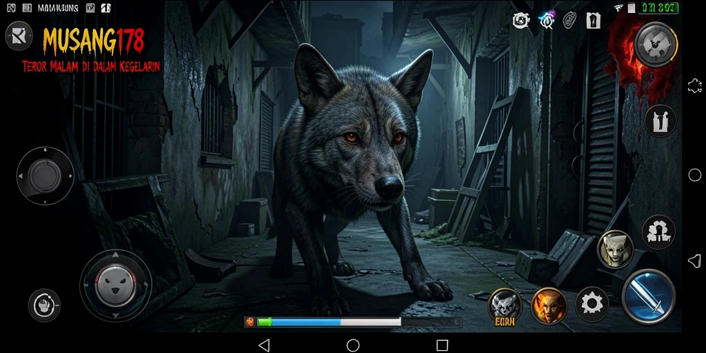 Screenshot dari gameplay MUSANG178 yang menampilkan suasana horor yang mencekam.