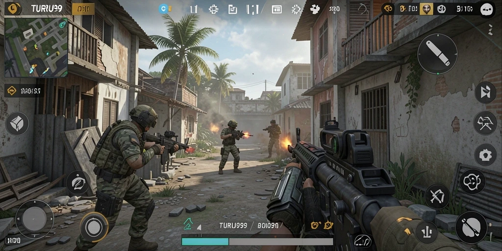 Screenshot dari TURU99 menampilkan aksi pertempuran FPS yang intens.